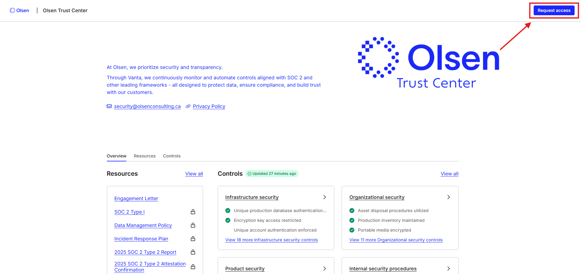 Screenshot showing the Request Access button in the Vanta Trust Center